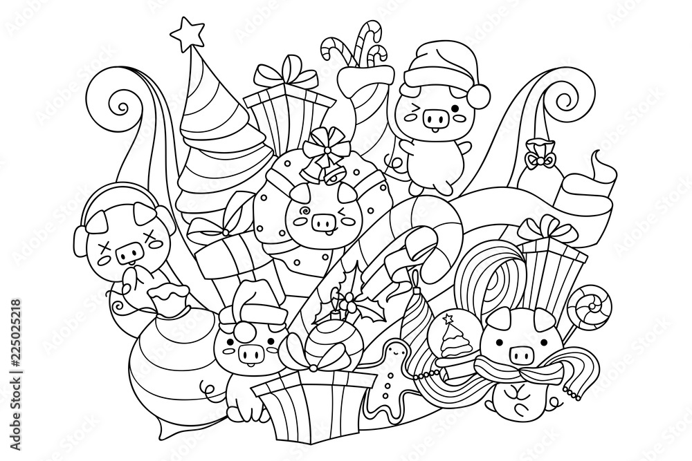 Doodle art with cute pigs and Christmas decorations. Symbol of Chinese New Year. Kawaii pig with gifts. Easy to change colors.