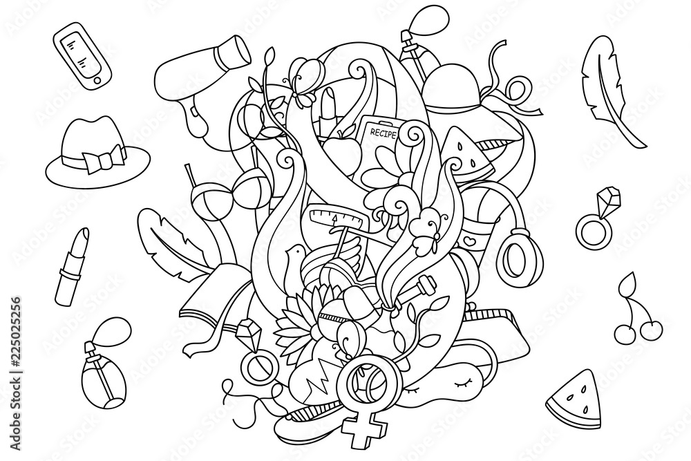 Doodle pattern with women's health items and lifestyle objects. Cartoon female accessories for coloring. Easy to change colors, vector art.