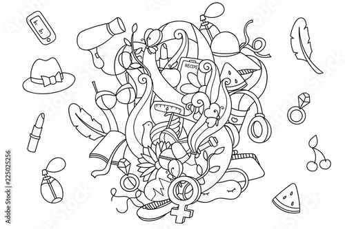 Doodle pattern with women's health items and lifestyle objects. Cartoon female accessories for coloring. Easy to change colors, vector art.