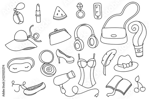 Doodle set of women's items and accessories. Female objects in cartoon style. Easy to change color, vector art.