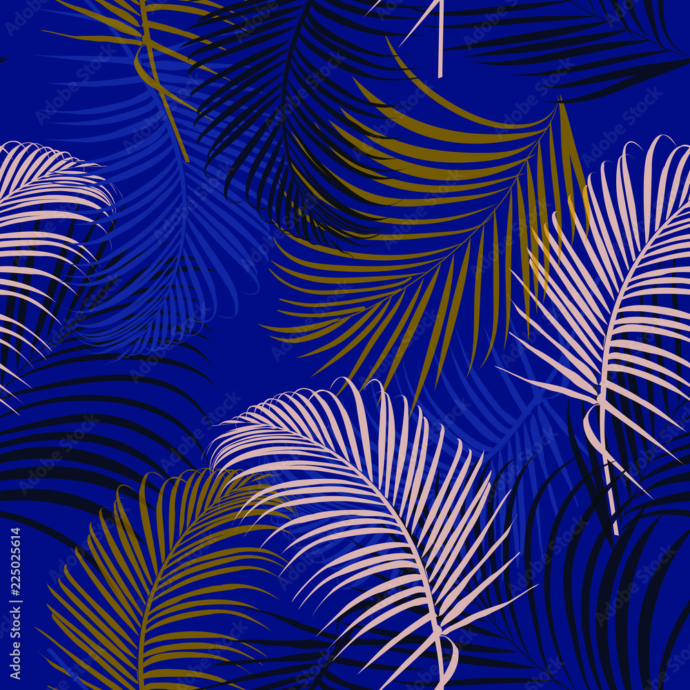 vector seamless beautiful artistic bright tropical leaves pattern with exotic forest. Colorful original stylish floral background print, bright rainbow colors on dark blue background.