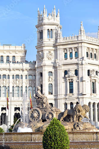 The Cibeles square in Madrid, Spain. There is the Palacio de Cibeles (Palace of Cybele) and the fountain of the goddess Cybele