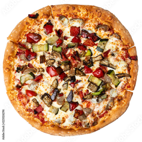Top view of a full pizza with grilled vegetables, meat and mozzarella cheese isolated on white.