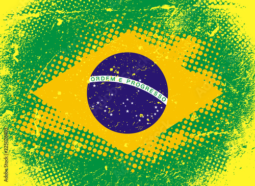 Flag of Brazil, Federative Republic of Brazil. Vector illustration in grunge style. Texture with abrasions and halftones