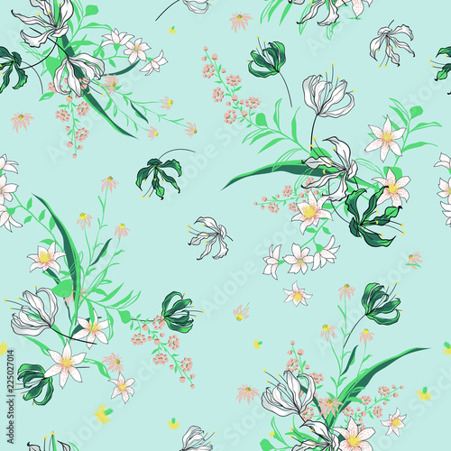 Wallpaper Mural Vector soft blooming floral pattern, delicate flowers, yellow, blue and pink flowers, greeting card template on sky blue background. Torontodigital.ca