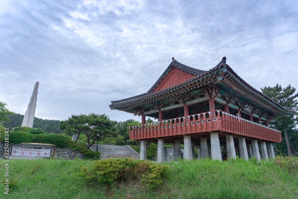 The monument of Admiral Yi Sun-Sin and traditional Korean style pavilion at Okpo great vitory commemoative park  on Geoje island, Gyeongsangnam-do, South Korea.