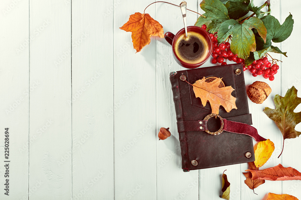 Ταπετσαρία Cup coffee with book dry oaken leaf and branch viburnum on white