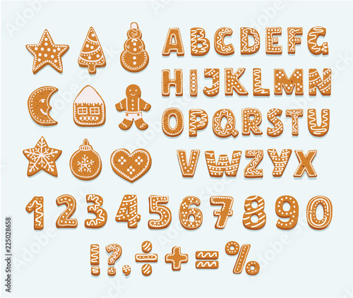 Gingerbread cookies alphabet, arabic numbers, sign