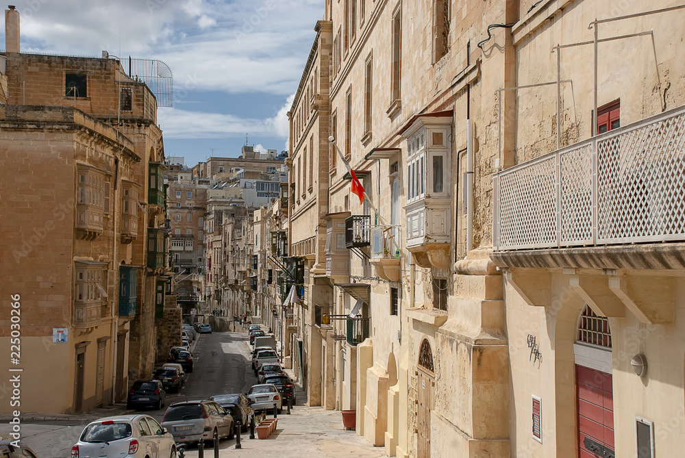 Narrow streets and buildings in Valletta, Malta