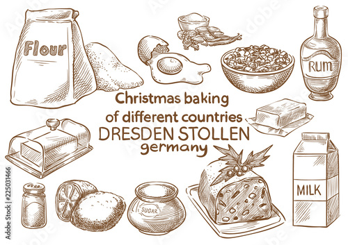 Christmas baking. Ingredients.Dresden stollen. Germany
