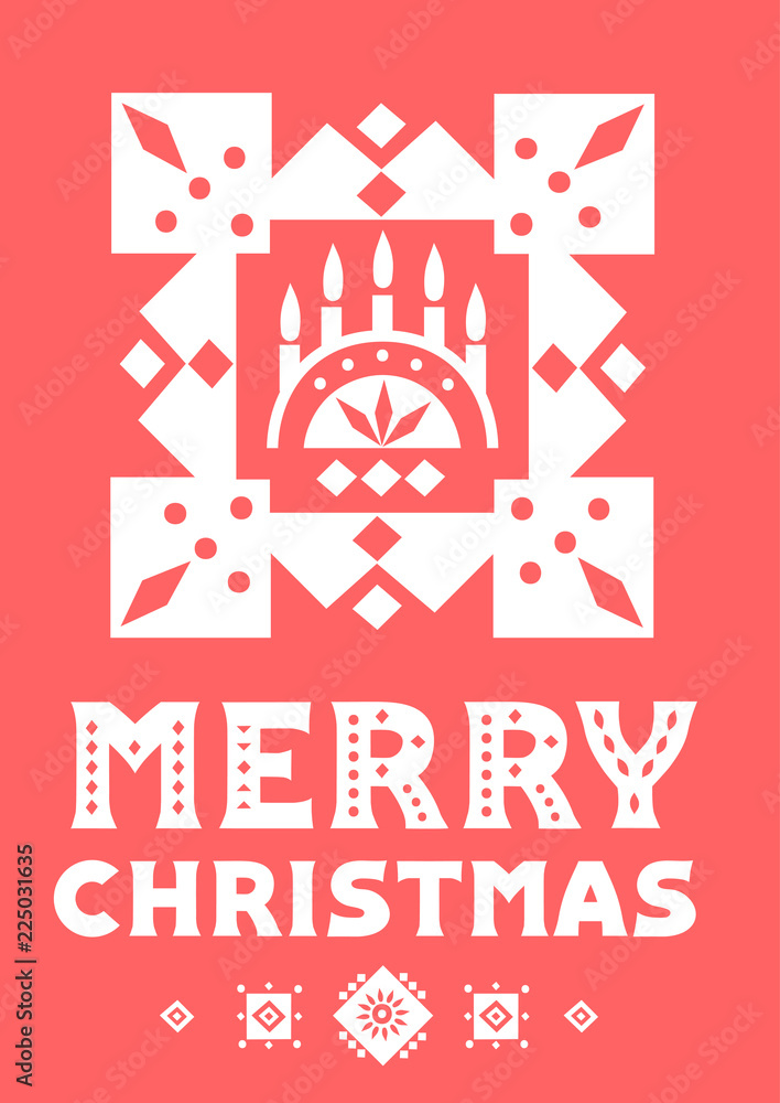 Vector concept of Christmas card. Stylized Candlestick and lettering on a red background.