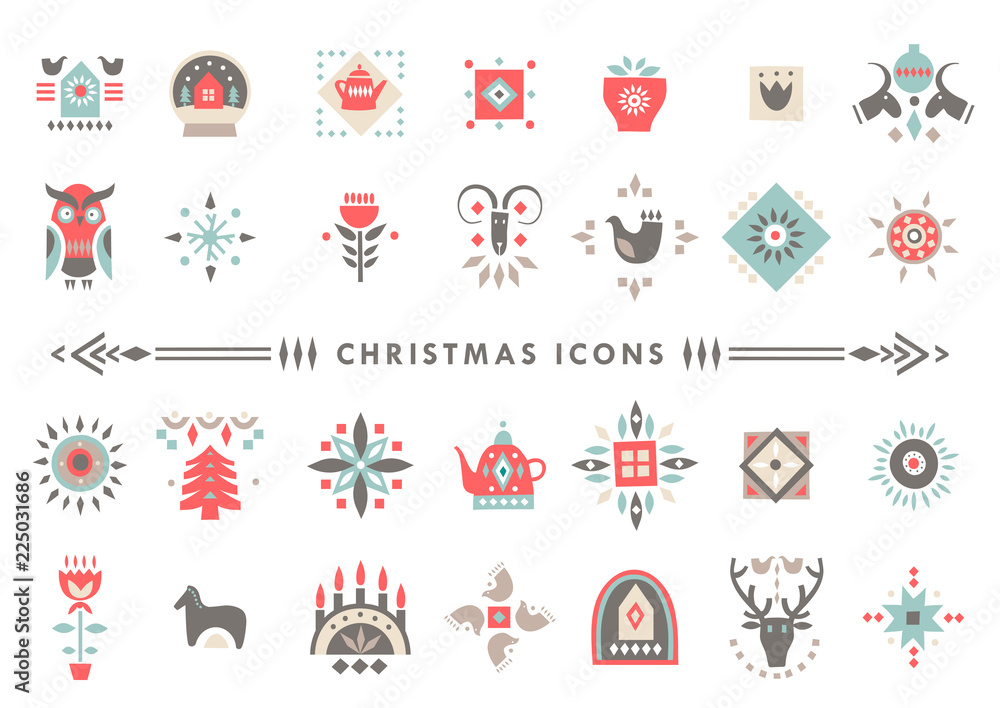 Vector set of colorful Christmas icons in scandinavian flat style. - obrazy, fototapety, plakaty 