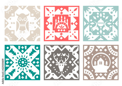 Set of original monochrome square tiles with folk rustic patterns. For Christmas design.