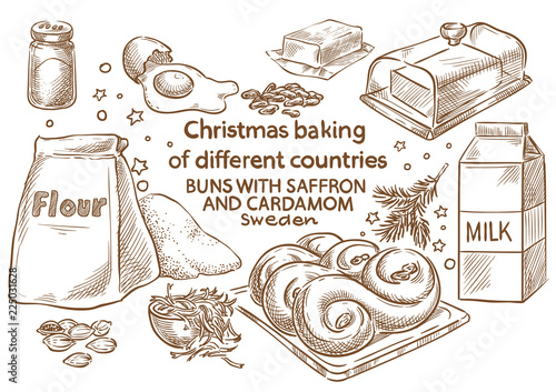 Christmas baking. Ingredients.Buns with saffron and cardamom.Sweden
