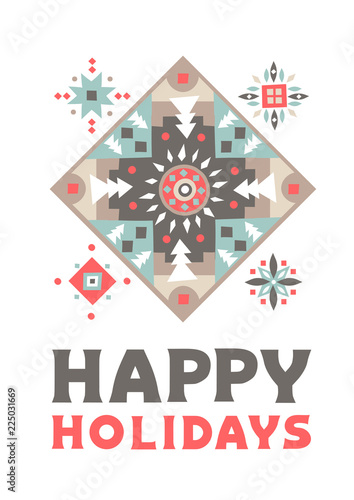 Vector concept of Christmas card. Patterned square with snowflakes and an inscription  Happy Holidays .