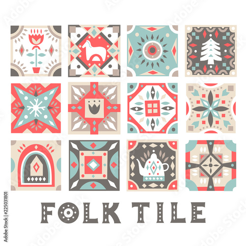 Set of original flat square tiles with folk rustic patterns. For Christmas design.