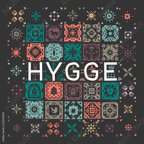 Vector geometric colored tiled pattern with the lettering Hygge (danish lifestyle) on a black background.