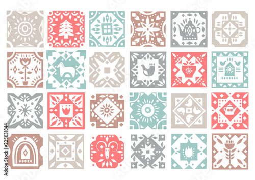 Set of original monochrome square tiles with folk rustic patterns. For Christmas patterns, kitchen design.