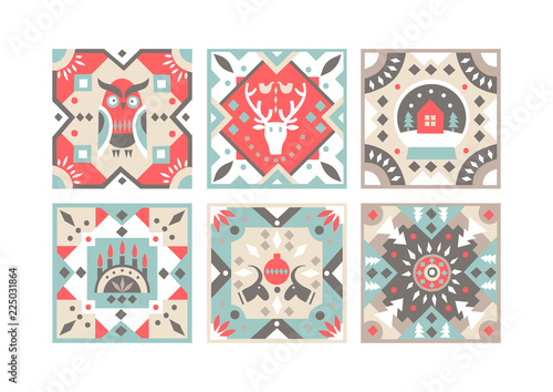 Set of original flat square tiles with folk rustic patterns. For Christmas design.