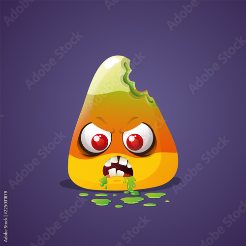 Halloween zombie candy corn with angry red eyes isolated on violet background. Vector illustration.