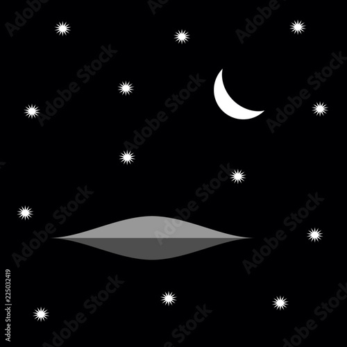 Flat design of classic flying saucer and night sky.