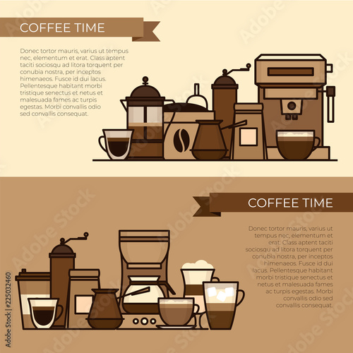 Coffee objects and equipment. Cup and coffee brewing methods. Coffee makers and coffee machines, kettle, french press, moka pot, cezve. Flat style, vector illustration.
