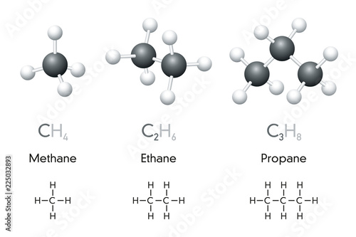 Methane, ethane, propane. Molecule ball-and-stick models and chemical formulas. Organic chemical compounds. Natural gas. Geometric structures and structural formulas. Illustration over white. Vector.