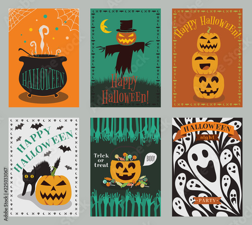 Vector collection of cartoon Halloween celebration cards with different scary illustrations. Halloween decoration elements. Poster, flyer, invitation, greeting card or banner design.