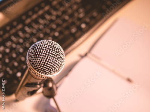 Wireless microphone with computer and notebook. Home studio concept. Top view