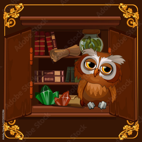 A poster with the image of a wise owl sitting on a bookshelf library with old books. Cartoon vector close-up illustration.