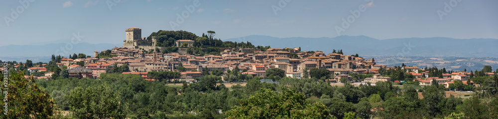 Panoramic view of the hilltop town of Sarteano in Tuscany, Italy