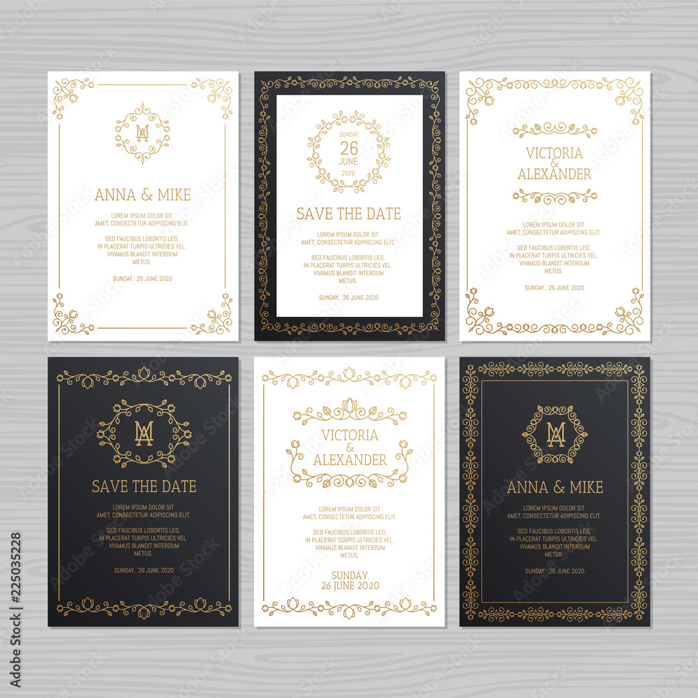 Luxury wedding invitation or greeting card set with floral ornament. Vector illustration.