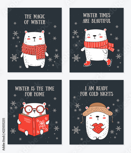 Vector line drawing postcard collection of cute winter bears and cozy slogan in flat design