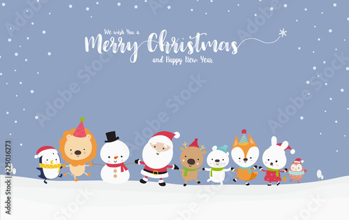 Cute Santa snowman with animal cartoon hand in hand with copy space 001