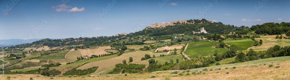 Panoramic view of the San Biagio church and hilltop town of Montepulciano in Tuscany, Italy
