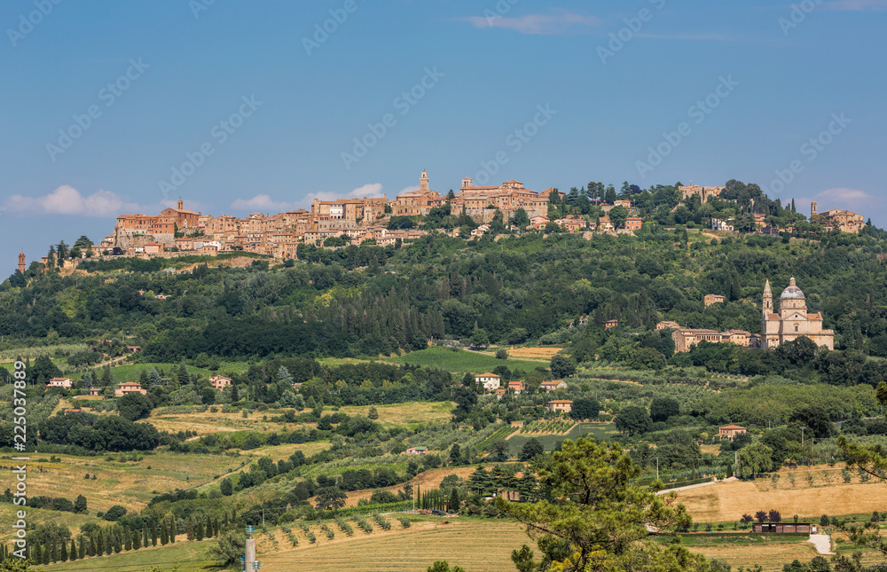 Panoramic view of the San Biagio church and hilltop town of Montepulciano in Tuscany, Italy
