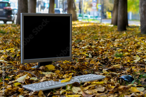 Fototapeta Naklejka Na Ścianę i Meble -  Computer, monitor, keyboard are on autumn yellow foliage on the street