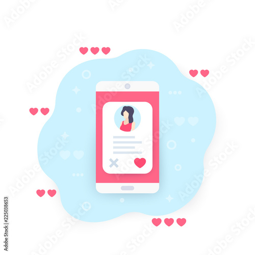 Online dating app, girl profile on screen of smartphone, vector