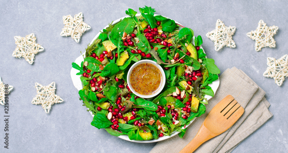 Christmas Wreath Salad with Pomegranate, Avocado, Salad Mix and Almond, Healthy Eating, Festive Appetizer