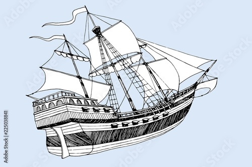 sea ship Caravel three masts with sails
