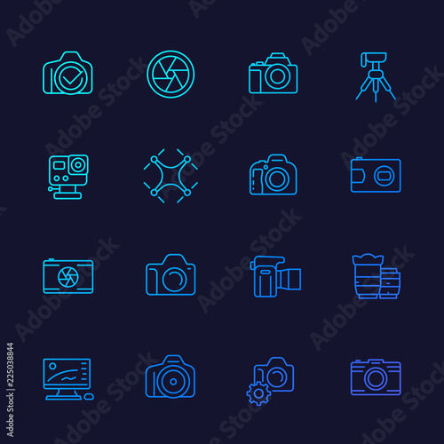 photography line vector icons, mirrorless, action camera, lenses, drone photo, tripod