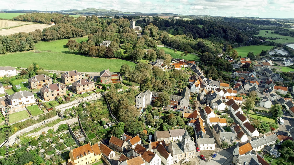 Aerial view above the historic village of Culross near Kincardine. A location for the television series Outlander.