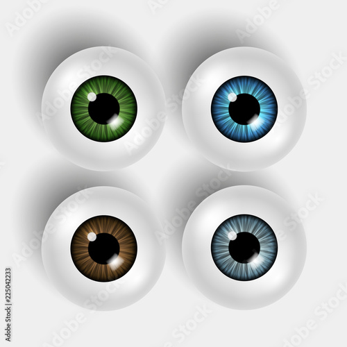 Set of four vector 3d shiny eyeballs with colorful iris on white background