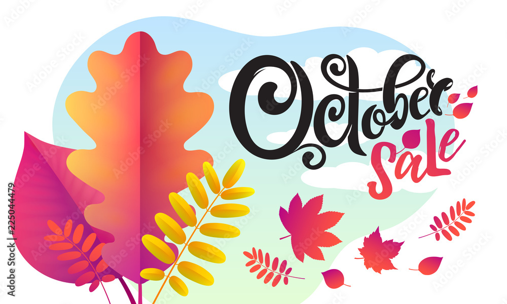 Obraz premium Vector hand written beautiful lettering text October Sale Decorated with bouquet autumn falling leaves.