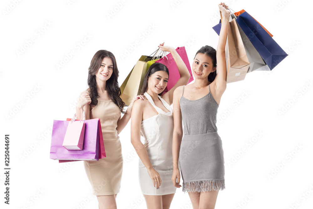 Young beautiful woman and friend with shopping bags enjoying and cheerful isolate on white background.Copy space. Young beautiful woman and friend with shopping bags enjoying and cheerful isolate on white background.Copy space.