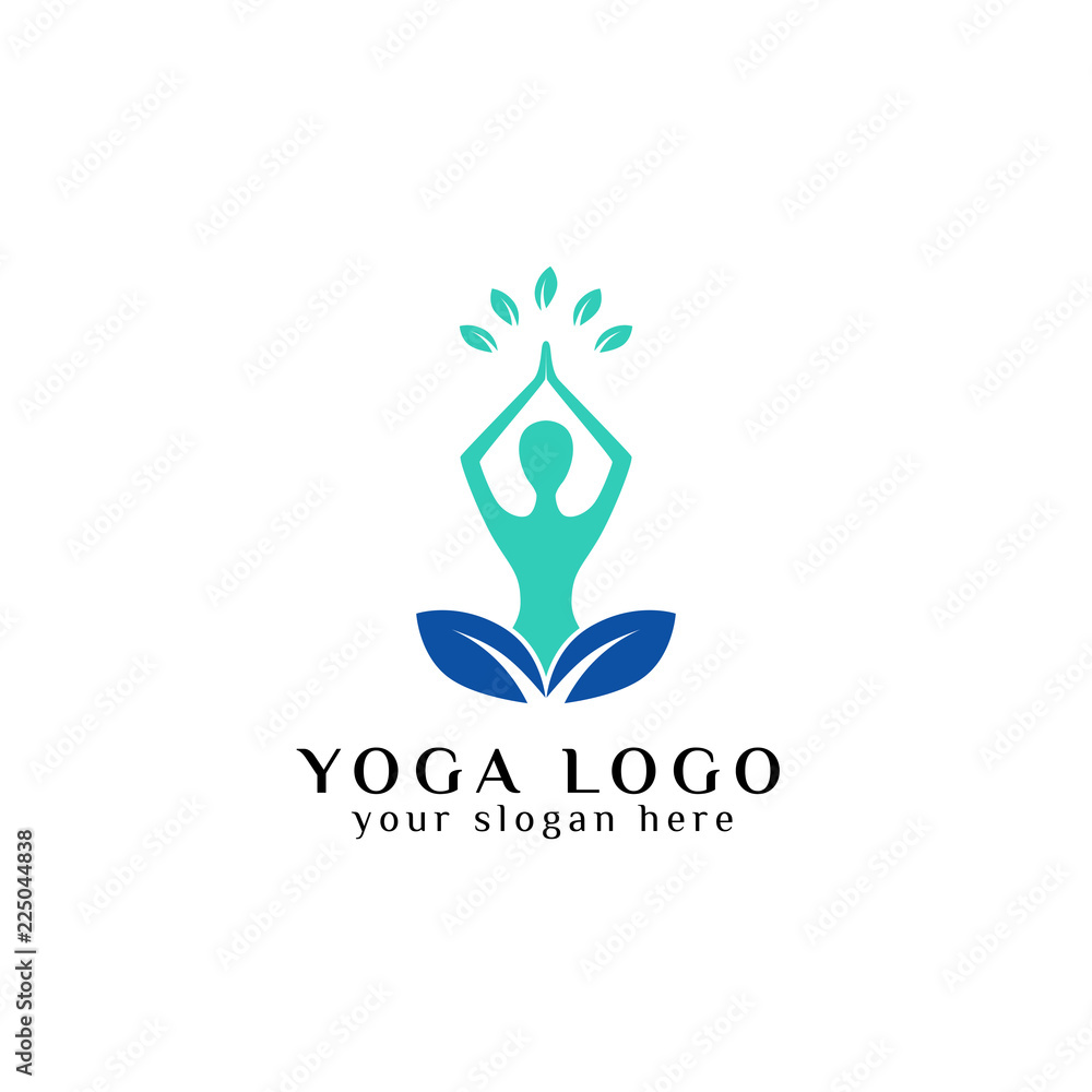 yoga logo design stock. human meditation in above of leaves vector  illustration in purple and pink color Stock Vector