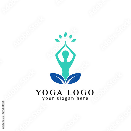 yoga logo design stock. human meditation in above of leaves vector illustration in purple and pink color