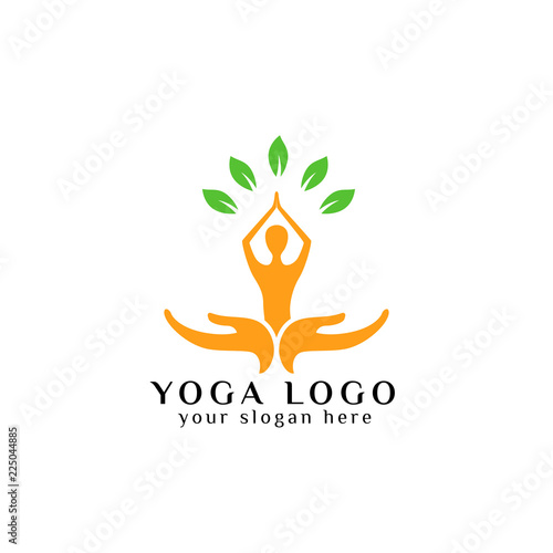 yoga logo design stock. human meditation with hand care and leaves vector illustration