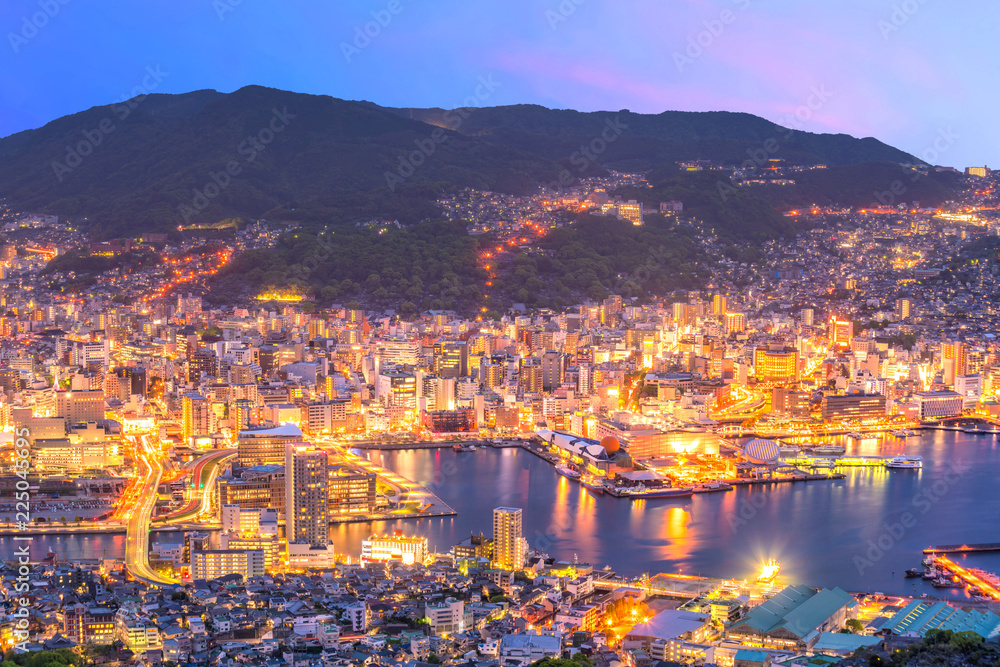 Beautiful Panorama Aerial View of Nagasaki Skyline at night