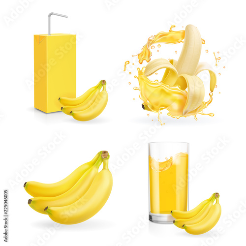 Banana juice collection. Fresh banana drink package box Juice or jam logotype